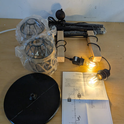 Actual unit: 2-light farmhouse floor lamp with rope cage shades and marble base