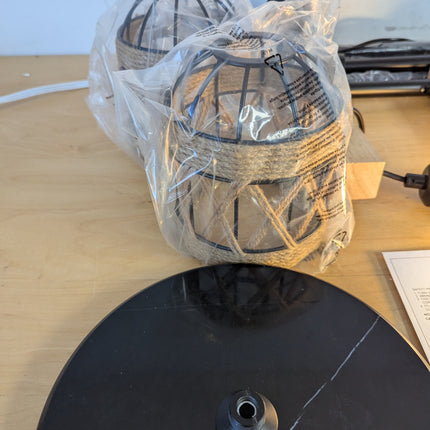 Actual unit: 2-light farmhouse floor lamp with rope cage shades and marble base