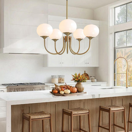 Flyrose 5-light white globe chandelier, gold