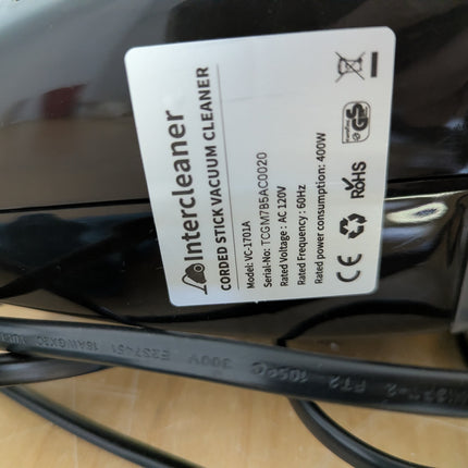 Actual unit: Intercleaner VC-1701A rating label