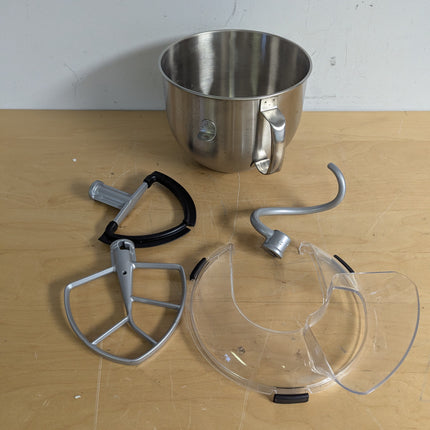 Actual unit: KitchenAid 7 qt bowl, pouring shield, beaters and dough hook