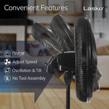 Lasko 1827 pedestal fan controls and tilt — product image