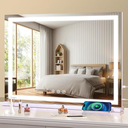 Large 23 x 18 inch vanity mirror with lights on a dresser — product image