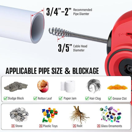 POPULO 20V cordless drain auger, 25 ft cable