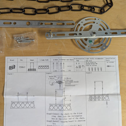 Actual unit: Q&S chandelier instruction sheet and mounting hardware