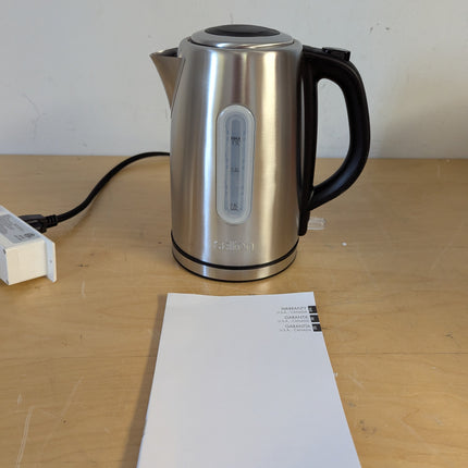 Actual unit: Salton JK1903 stainless steel cordless kettle on its power base