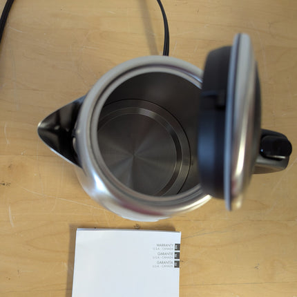 Actual unit: Salton JK1903 kettle with the lid open, stainless steel interior