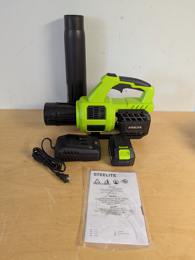 Actual unit: STEELITE 21V cordless leaf blower with two 4.0Ah batteries, charger and manual