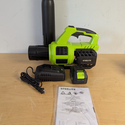 Actual unit: STEELITE 21V cordless leaf blower with two 4.0Ah batteries, charger and manual