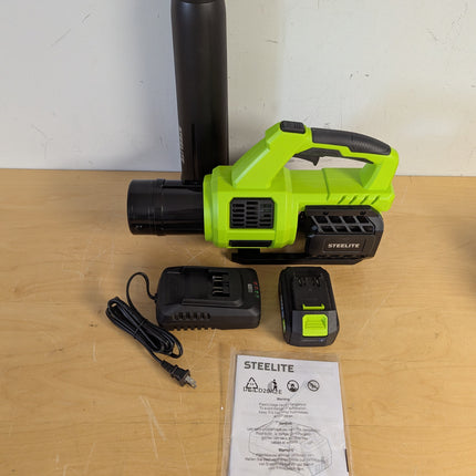 Actual unit: STEELITE 21V cordless leaf blower with two 4.0Ah batteries, charger and manual