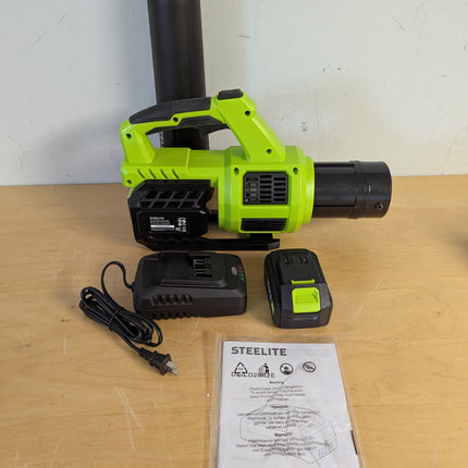 Actual unit: STEELITE 21V cordless leaf blower with two 4.0Ah batteries, charger and manual