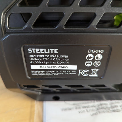 Actual unit: STEELITE DG010 rating label, 20V 4.0Ah, 120 MPH
