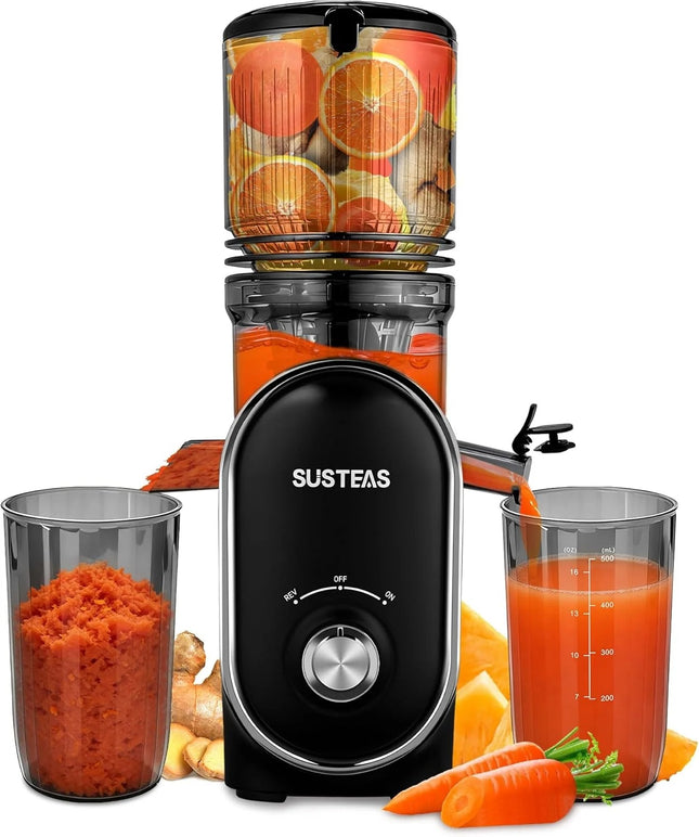 SUSTEAS cold press juicer 300W with 5.3 inch feed chute, juice and pulp cups — product image