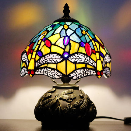 Small Tiffany lamp, mini stained glass yellow dragonfly table lamp