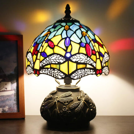 Small Tiffany lamp, mini stained glass yellow dragonfly table lamp