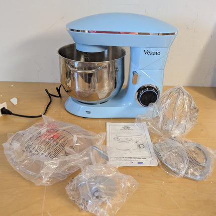 Actual unit: Vezzio stand mixer in blue with bagged attachments and manual