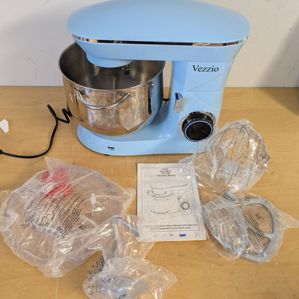 Actual unit: Vezzio stand mixer in blue with bagged attachments and manual