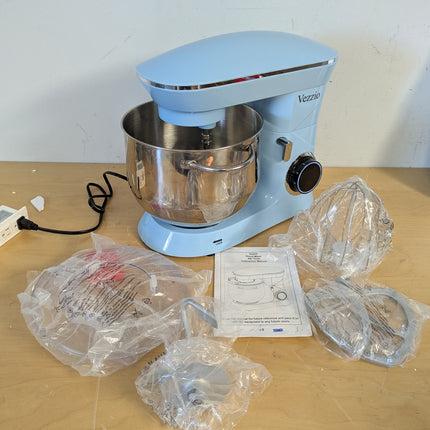 Actual unit: Vezzio stand mixer in blue with bagged attachments and manual