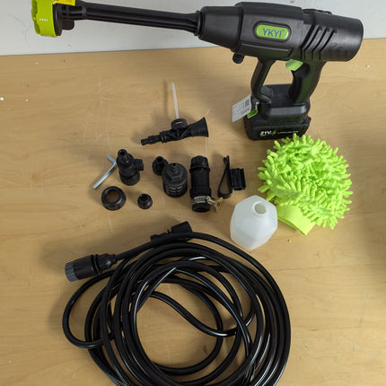 Actual unit: YKYI cordless pressure washer with battery, 24 ft hose, 6-in-1 nozzle, foam bottle and wash mitt