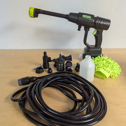 Actual unit: YKYI cordless pressure washer with battery, 24 ft hose, 6-in-1 nozzle, foam bottle and wash mitt