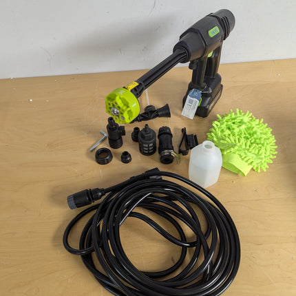 Actual unit: YKYI cordless pressure washer with battery, 24 ft hose, 6-in-1 nozzle, foam bottle and wash mitt